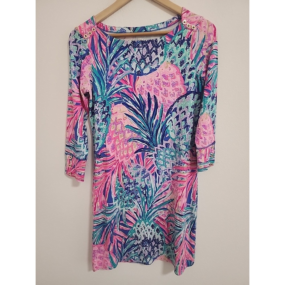 Lilly Pulitzer Womens Sophie Dress‎ Deep Indigo Tropical 3/4 Sleeve Size XS